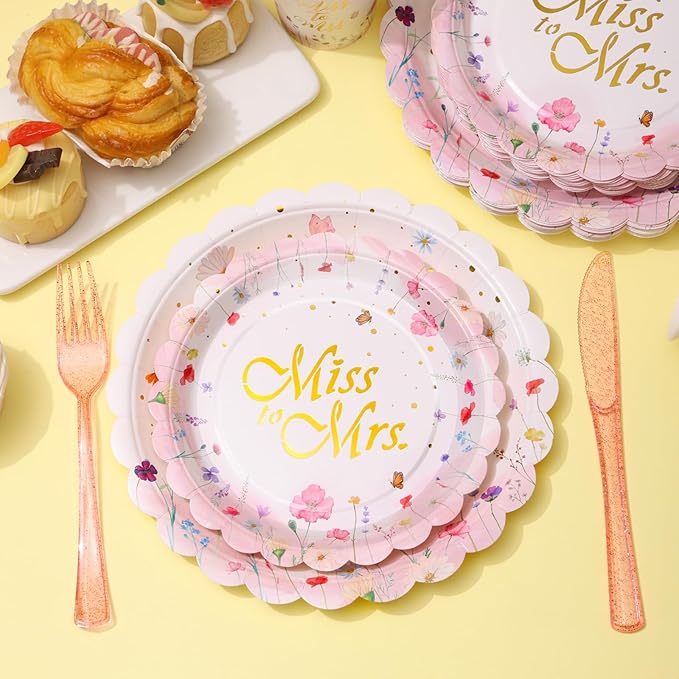 Wildflower Bridal Shower Decorations, Bridal Shower Plates and Napkins Sets 168Pcs, Miss to Mrs Wildflower Plates Serves 24, Love is In Bloom, Wedding Shower, Engagement Party