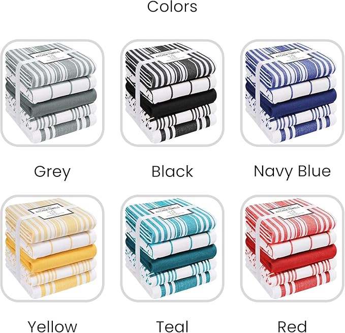 Cotton Clinic Assorted Kitchen Towels 5 Pack – Soft Absorbent Quick Drying Table & Kitchen Linen - Dish Towels, Dish Cloths, Tea Towel and Cleaning Towel with Hanging Loop – 16x28 / Red White