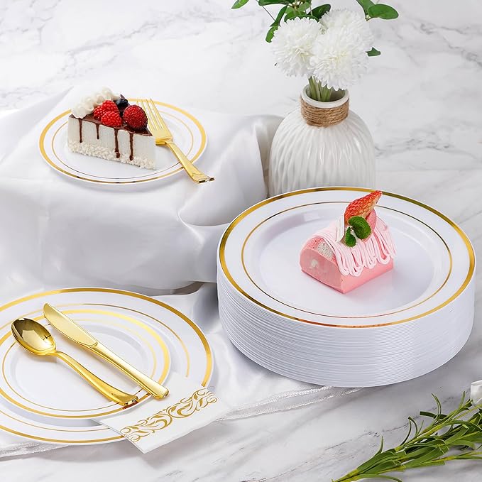 Goodluck 175 Pieces Gold Dinnerware Set for 25 Guests, Plastic Plates Disposable for Party, Include: 25 Dinner Plates, 25 Dessert Plates, 25 Paper Napkins, 25 Cups, 25 Gold Silverware Set