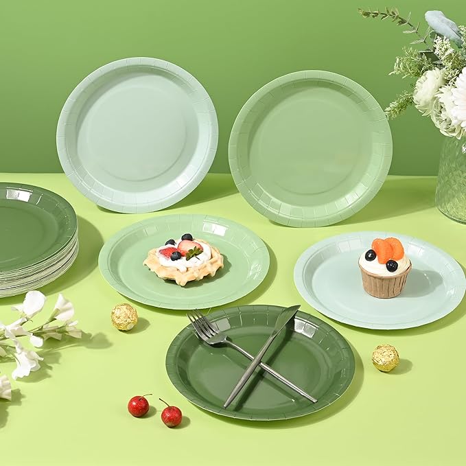 AimFun 24 Sage Green Paper Plates Gradient Green Party Plates 9 Inch Disposable Round Dinner Plates for St Patrick Day Birthday Wedding Baby Bridal Shower Party Supplies