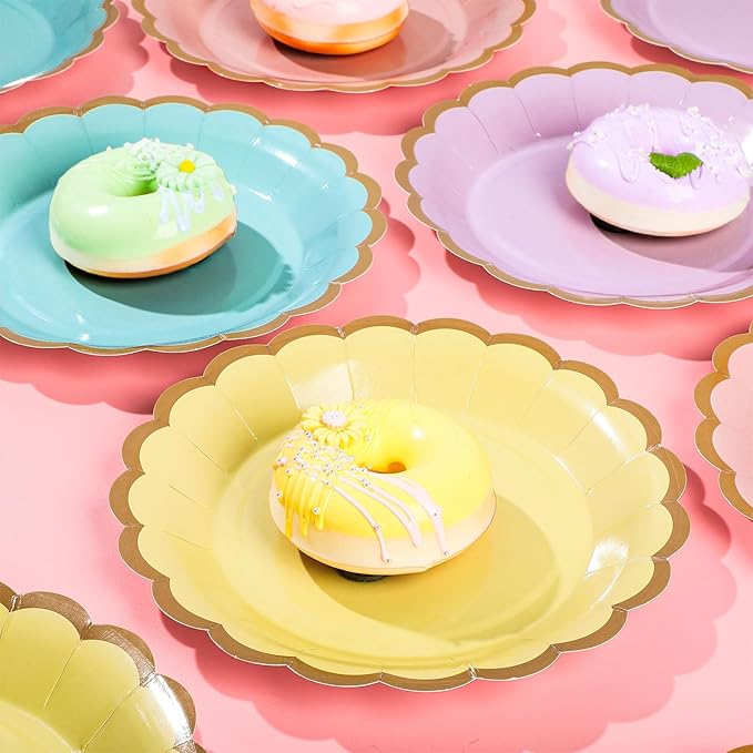 48 Pcs Pastel Paper Plates 7 Inch Easter Scalloped Disposable Dessert Plate for Coquette Bridal Pink Bow Wedding Birthday Baby Shower Party Supplies