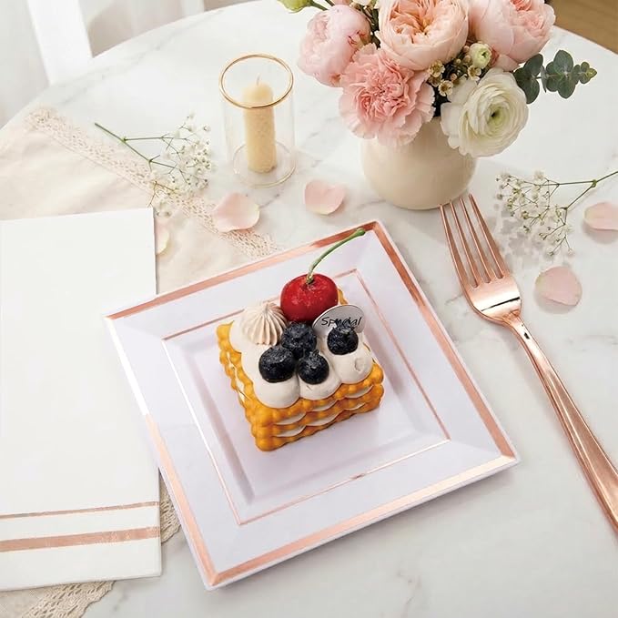 Festiva 350Pcs Rose Gold Plates and Napkins Party Supplies-Square White and Rose Gold Disposable Dinnerware include Plates Cups Cutlery Napkins for 50 Guests Wedding &Mother's Day&Birthday Party