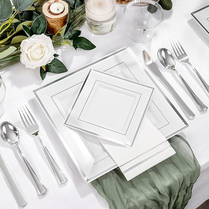 Festiva 350Pcs Silver Plates - Silver Square Plastic Plates 9 .5" and 6" - serve for 50 guests include 50 Cups 50Plastic Cutlery 50Hand Napkins Perfect for Party&Wedding&Birthday