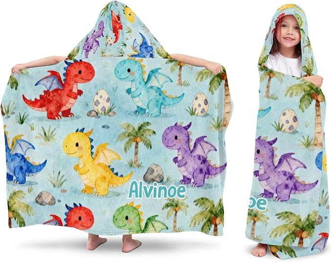 Cute Dinosaur Personalized Hooded Towel Absorbent Wrap Soft Pool Beach Bath Towels Hood Poncho for 5-12 Years Kids Boys Girls