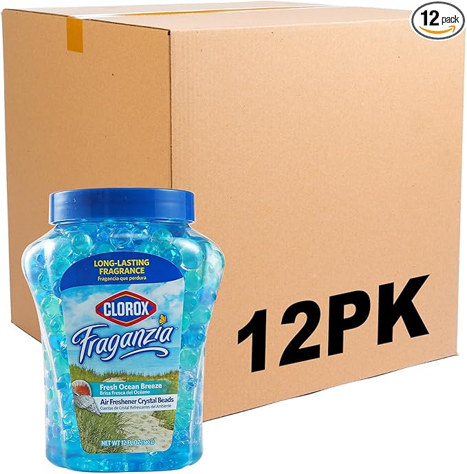 Clorox Fraganzia Crystal Beads Air Freshener, Long Lasting Room Deodorizer and Odor Eliminator Gel Beads to Freshen Home, Car, or Office, Fresh Ocean Breeze Scent, 12 Fl Oz - 12 Pack