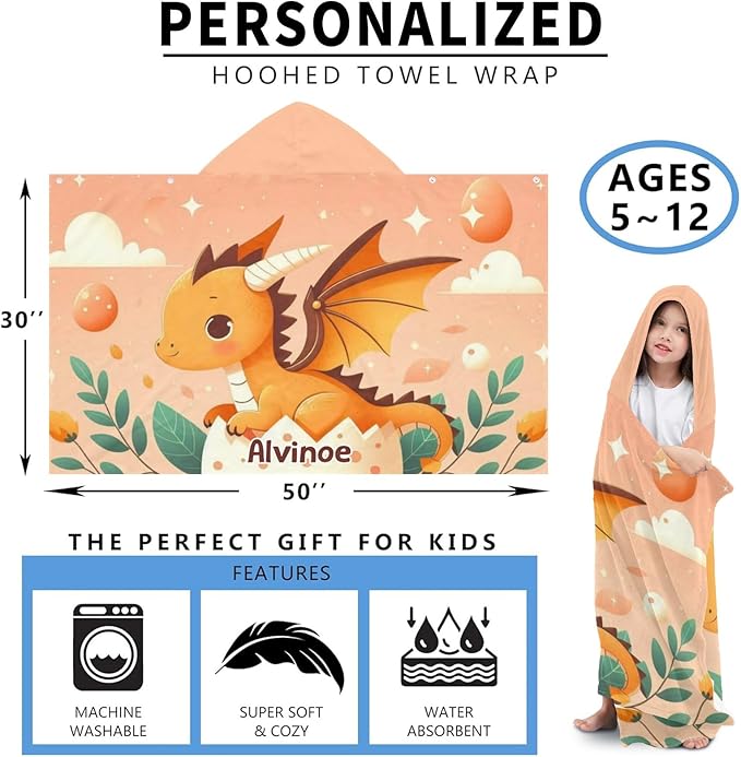 Eggshell Flying Dragon Personalized Hooded Towel Absorbent Wrap Soft Pool Beach Bath Towels Hood Poncho for 5-12 Years Kids Boys Girls