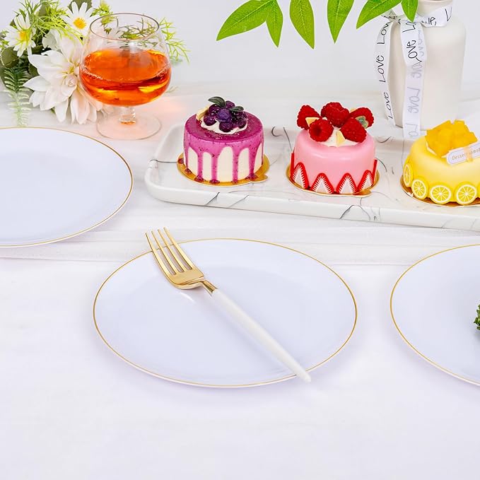 LIYH 96 Pcs White Gold Dessert Plates with Dessert Forks, 48 Plates and 48 Forks, Gold Cake Appetizer Plastic Disposable Plates for Tea Parties, Birthdays, Wedding, Mother's Day