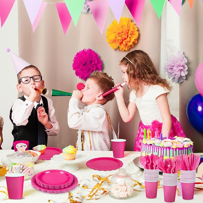 350 Pcs Hot Pink Paper Plates and Napkins, 50 Guest Hot Pink Party Supplies Include Scalloped Plates Napkins Cups Plastic Cutlery for Baby Shower,Birthday,Bridal Shower
