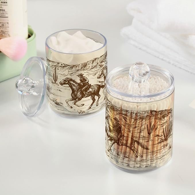Blueangle 2PCS American West Cowboy Qtip Holder Dispenser with Lids - Apothecary Jar Containers for Vanity Organizer Storage - Plastic Food Storage Canisters