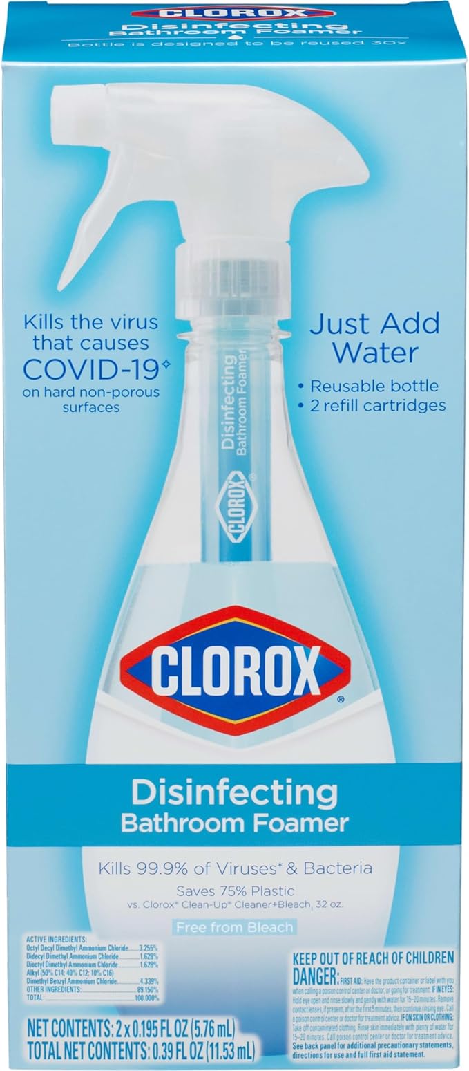 Clorox Disinfecting Bathroom Foamer Starter Kit, Household Essentials, One Reusable Bottle Plus 2 Refills