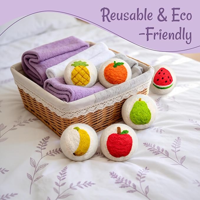 Wool Dryer Balls XL 6 Pack, Reusable Laundry Dryer Balls with Cute Fruit Design, Reduce Drying Time, Soften Clothes, Anti Static, Eco Friendly Dryer Sheets Alternative