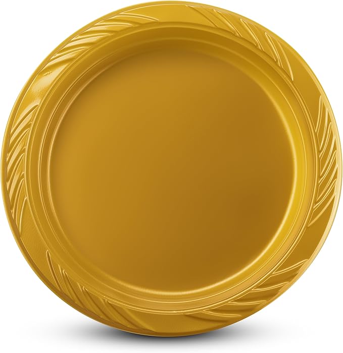Munfix 100 Pack Gold Plastic Dinner Plates, 9 Inch Disposable Plates Bulk Pack, Party Plates for BBQ, Picnic, Parties, Travel and Events, Microwavable Recyclable