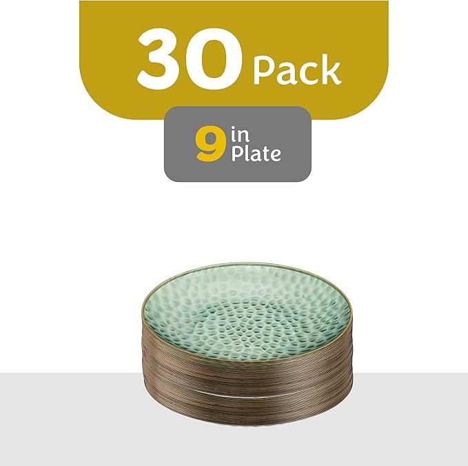 PLASTICPRO 30 Pack Hammered Plastic Plates Heavyweight Disposable Plastic Plates Elegant Clear Hammered Rim Platsic Party Dishes (Hamered Green With Gold Rim, 9'' INCH PLATES)