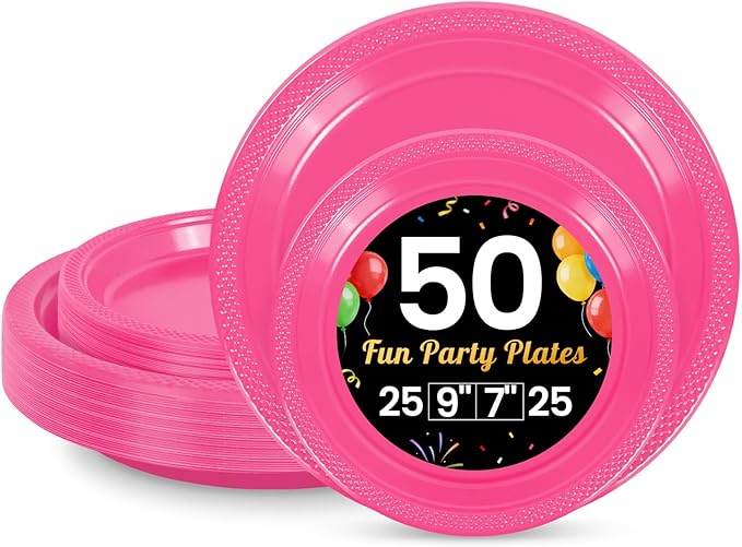 LANLISA 50 Pcs Hot Pink Plastic Plates For Party, 25-9" & 25-7" Disposable Cake Dessert Plates For Birthday, Valentines Day, Mothers Day Dinner