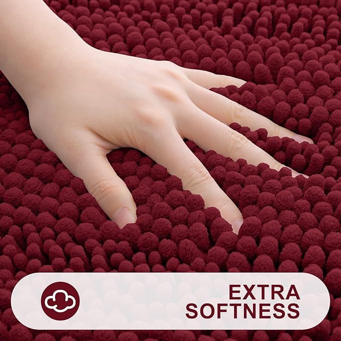 Grandaily Chenille Striped Bathroom Rugs 47x20, Extra Thick and Absorbent Bath Mats, Non-Slip Soft Plush Shaggy Shower Carpet, Machine Wash Dry, Bath Rug for Bathroom, Burgundy