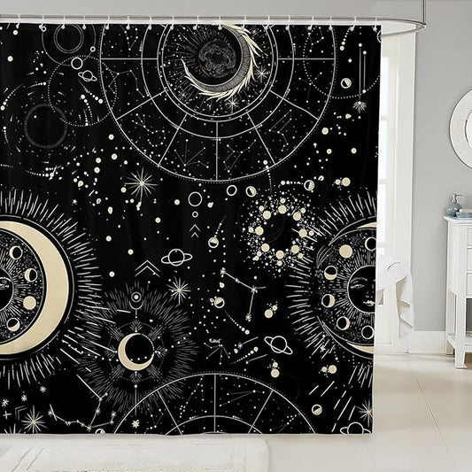 Sun and Moon Bath Curtain Boho Exotic Shower Curtain Galaxy Astrology Bathroom Shower Curtain Set for Stalls Bathtubs Bedroom Decor Chic Cute Luxury Zodiac Signs Waterproof Curtains 72x72 Inch