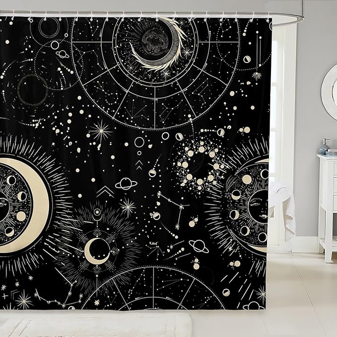 Sun and Moon Bath Curtain Boho Exotic Shower Curtain Galaxy Astrology Bathroom Shower Curtain Set for Stalls Bathtubs Bedroom Decor Chic Cute Luxury Zodiac Signs Waterproof Curtains 72x84 Inch
