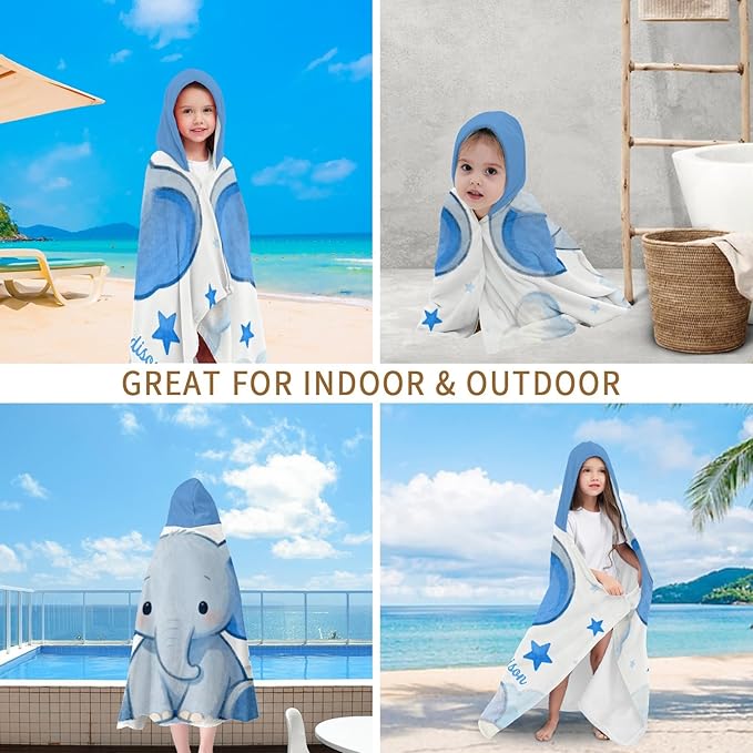 Blue Stars Elephant Personalized Hooded Towel Absorbent Wrap Soft Pool Beach Bath Towels Hood Poncho for 5-12 Years Kids Boys Girls