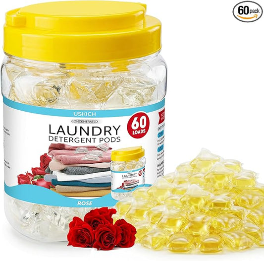 60 Pack Laundry Detergent Pods- 5-in-1 Stain Remover Laundry Soap Pods- Ultra Concentrated,Dissolvable Detergent Pods Bulk for Washing Machines,Rose Scent
