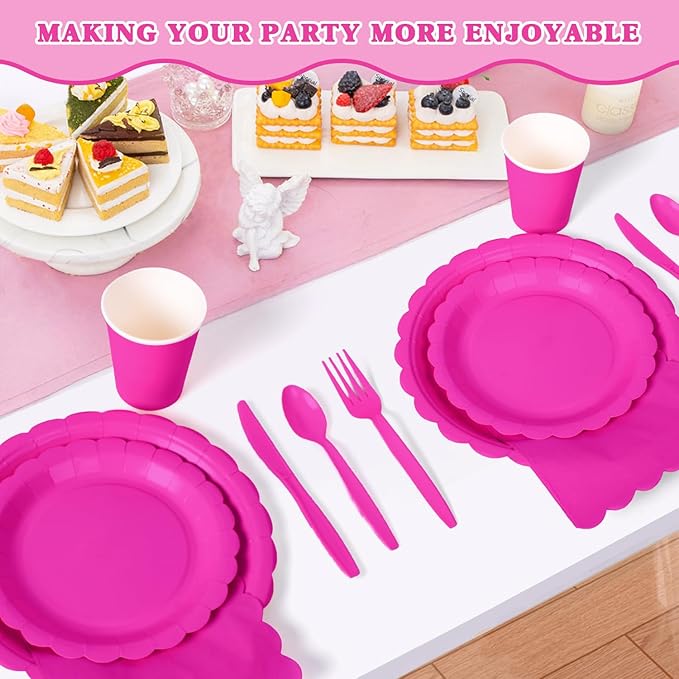 Vyntra 350 Pcs Hot Pink Disposable Paper Plates and Napkins Set for 50, 9" Dinner Plates & 7" Dessert Plates, Tableware for Birthday, Bachelorette, Party