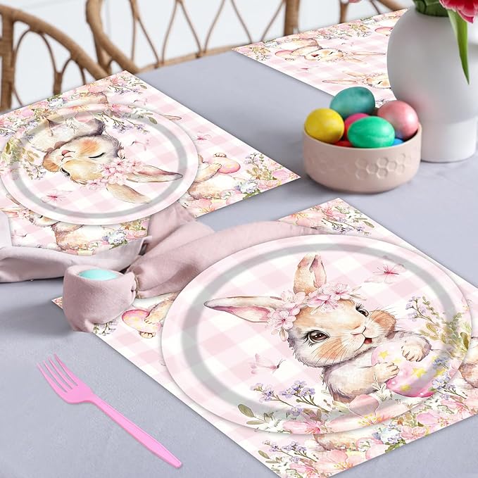 100 Pcs Easter Gingham Tableware Party Supplies - Disposable Pastel Plaid Bunny Dinnerware Set with Paper Plates and Napkins for Spring Parties,Easter Celebrations,and Holiday Gatherings - Serves 25