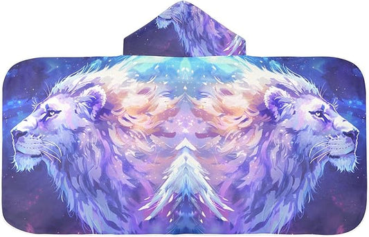 Hooded Towel for Kids Comic Style Purple Lion Beach Wrap Bath Towels 50x23.5in