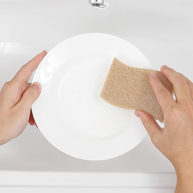 happimess WPE2000A-24SET Natural Plant Based Non-Scratch Sisal Hemp/Cellulose Scrubbing Dish Sponge, Cleaning Sponge for Dishes, Bathroom, Household, Beige/White (Set of 24)