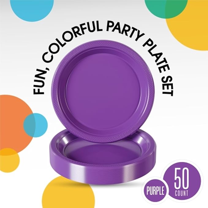 Exquisite Party Solids Purple Plastic Plates For Party Supplies 9" Purple Disposable Plates Heavy Duty 50 Pcs Plastic Dinnerware Sets Heavy Duty 350 GSM Disposable Dinnerware Set