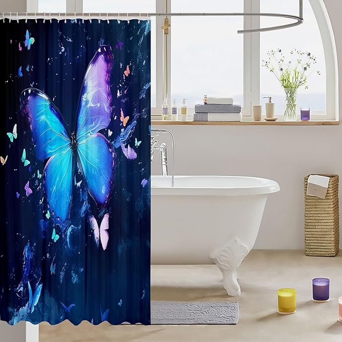 Homewish Butterflies Shower Curtain Blue Butterfly Bathroom Shower Curtain Set for Kids Adult Painting Marble Bath Curtain Watercolor Butterfly Waterproof Curtains Room Decor 72 x 72 Inch