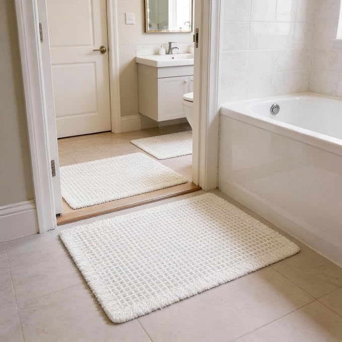 Waffle Bathroom Rugs, Large Non Slip Absorbent Waffle Knit Bath Mat for Shower Floor, Tub and Bathroom Door, Ultra Soft Quick Dry, Cream White, 24"x36"