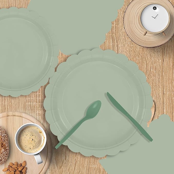 140Pcs Sage Green Paper Plates and Napkins, Sage Green Party Supplies Include Green Scalloped Plate Paper Napkin Cup Plastic Cutlery for Baby Shower, Wedding, Birthday