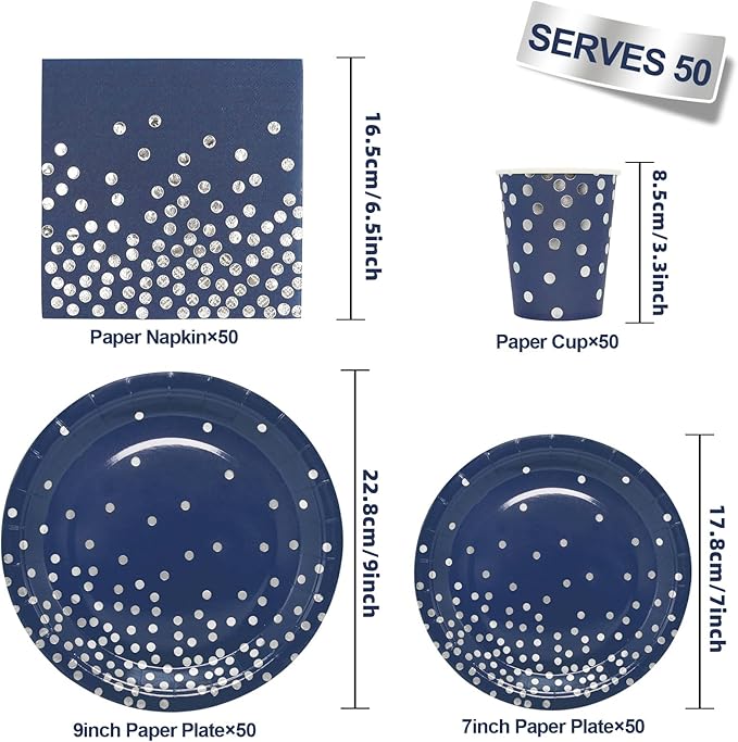 200pcs Blue and Silver Party Deorations Birthday Plates Disposable-Serve 50 Guests,Navy Blue Plates and Napkins Party Supplies for Wedding Anniversary Retirement Graduation Decorations