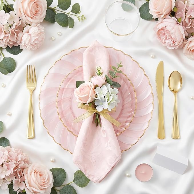 YOUBET 125Pieces Clear Pink Plastic Plates with Gold Rim - Gold Plastic Silverware Include 25 Dinner Plates 25 Dessert Plates 75 Golden Silverwares for Wedding Birthday & Parties Easter Mothers Day