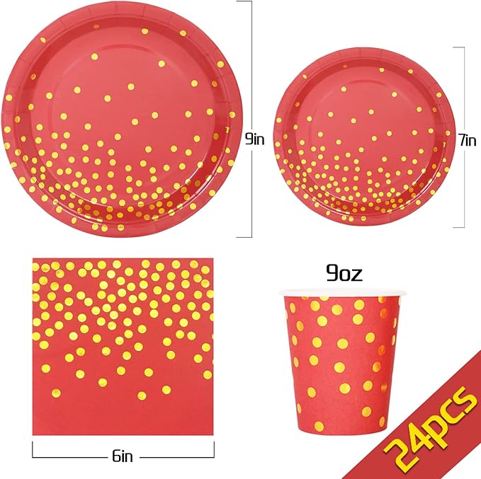 168Pcs Red and Gold Party Decorations, Red Plates and Napkins Party Supplies Serve 24, for Birthday Chinese New Year, Valentines, Mardi Gras