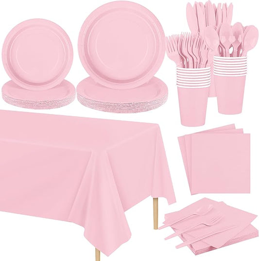 Kochorie 169 Pieces Light Pink Party Supplies Disposable Dinnerware Set Include Plates and Cups Napkins Plastic Forks Knives Spoons Tablecloth for Wedding Birthday Party Decorations, Serve 24 Guests