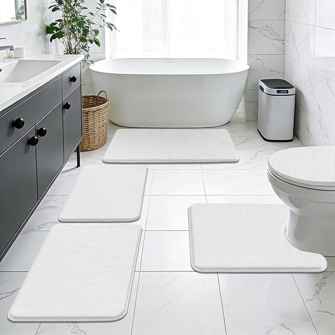 SHACOS White Bathroom Rugs 5 Piece Set - Non Slip Absorbent Washable Bath Mats with U-Shaped Toilet Rug & Lid Cover, Soft Microfiber Bath Rugs for Bathroom