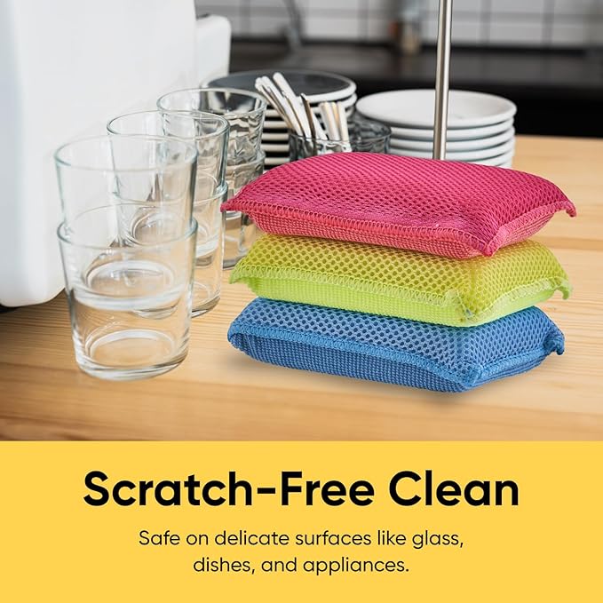 Superio Miracle Microfiber Sponges for Kitchen 3-Pack Red Yellow Blue, Kosher Non-Scratch Sponge Scrubber Heavy Duty Multi-Purpose Cleaning of Dishes, Pots, Pans and Counter tops, Machine Washable