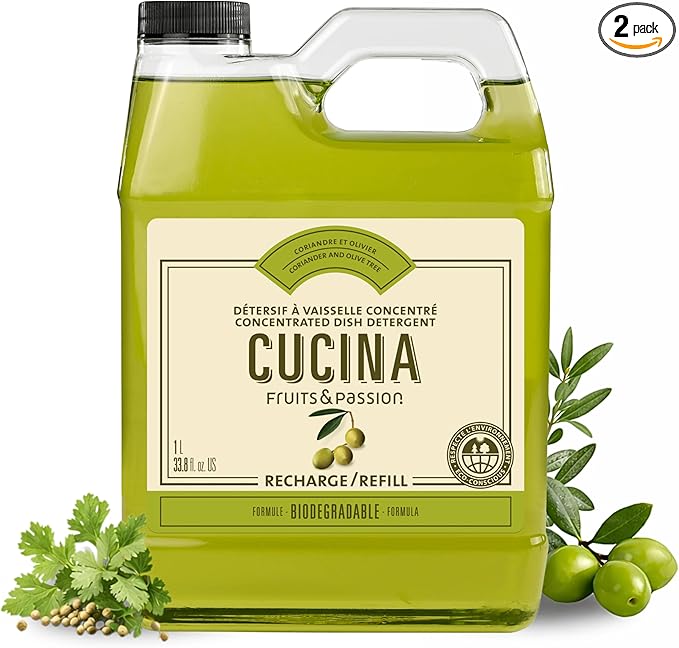 Fruits & Passion Cucina Concentrated Dish Soap Refill – Coriander & Olive Tree, Gentle Liquid Dishwashing Detergent with Olive Oil, Vegan & Eco-Friendly Formula, 1 Liter (33.8 fl oz)
