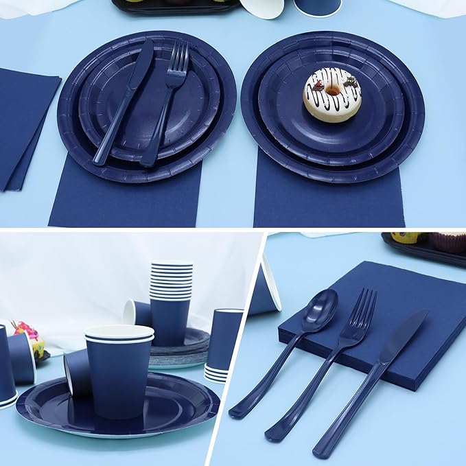 168Pcs Navy Blue Party Supplies for Navy Blue Party Decorations includes Paper Plates and Napkins Cups Utensils,Blue Disposable Plates Set for Boy Baptism Birthday Graduation Serve 24 Guests