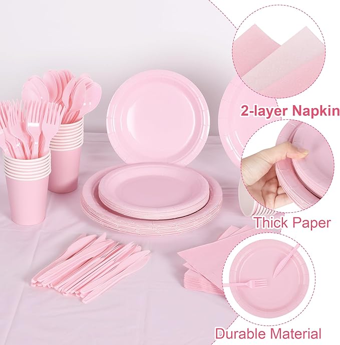 Kochorie 169 Pieces Light Pink Party Supplies Disposable Dinnerware Set Include Plates and Cups Napkins Plastic Forks Knives Spoons Tablecloth for Wedding Birthday Party Decorations, Serve 24 Guests