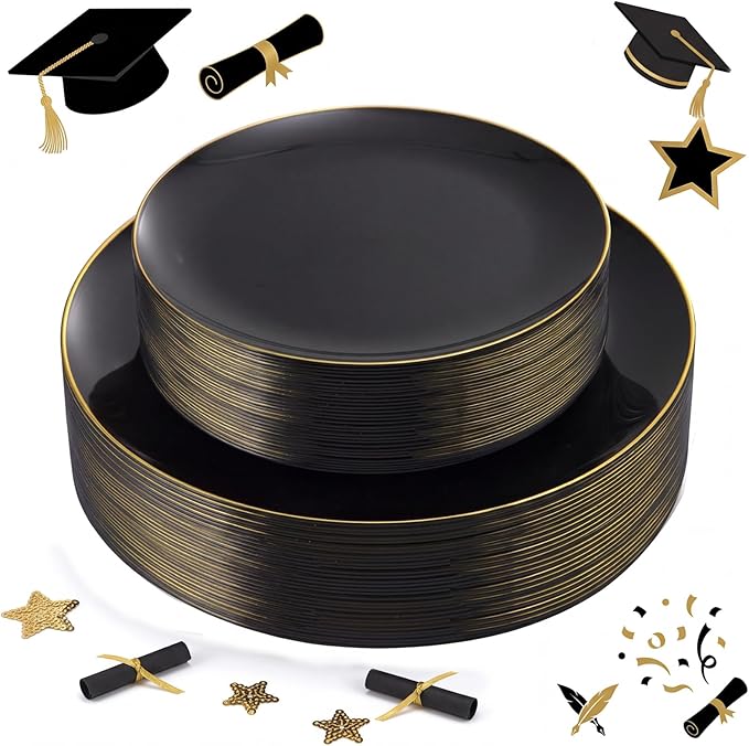 KIRE 60PCS Black Plastic Plates - Black Disposable Plates with Gold Rim - Include 30Pcs 10.25inch for Dinner and 30Pcs 7.5inch for Dessert for Wedding/Graduation/Party/Father's Day