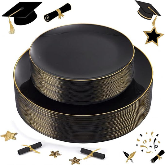 KIRE 60PCS Black Plastic Plates - Black Disposable Plates with Gold Rim - Include 30Pcs 10.25inch for Dinner and 30Pcs 7.5inch for Dessert for Wedding/Graduation/Party/Father's Day