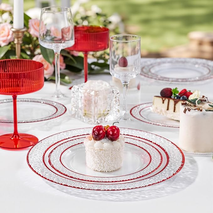 Ciaell 150 PCS Red Plastic Plates – Clear Hammered Disposable Plates with Red Rim include 50Plates, 25Forks, 25Knives, 25Spoons, 25Cups for Wedding & Party & Anniversary
