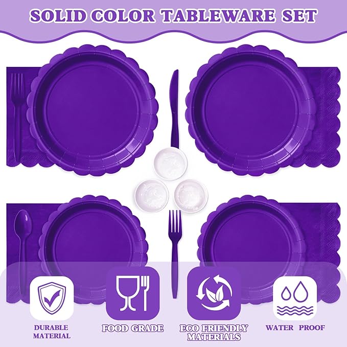 Vyntra 175 Pcs Deep Purple Disposable Paper Plates and Napkins Set for 25, 9" Dinner Plates & 7" Dessert Plates, Tableware for Birthday, Graduation, Party