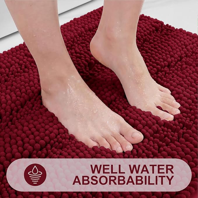 Grandaily Chenille Striped Bathroom Rugs 30x20, Extra Thick and Absorbent Bath Mats, Non-Slip Soft Plush Shaggy Shower Carpet, Machine Wash Dry, Bath Rug for Bathroom, (Medium, Red)