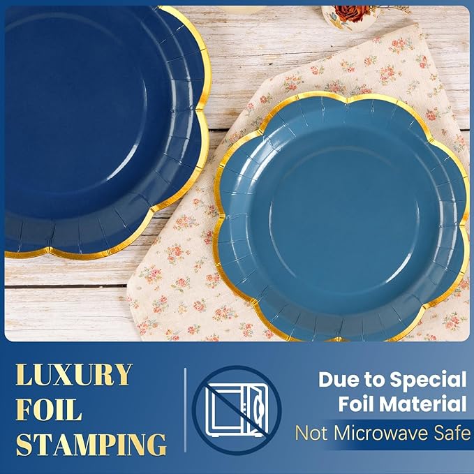 Navy Blue Paper Plates and Napkins Party Supplies for 24 Guest, 168Pcs Graduation Blue Scalloped Party Plate with Gold Rim Blue Disposable Plates Set for Birthday Party Baby Shower Gender Reveal