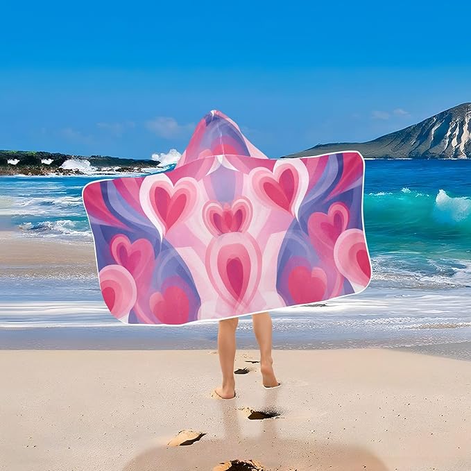 Hooded Towel for Kids Dreamy Valentine Heart Beach Wrap Bath Towels 50x23.5in