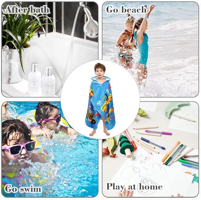 Florica Kids Hooded Bath Beach Towel Girls Boys, Super Absorbent & Soft Towel Poncho for Shower/Beach/Pool Child Cover ups 50"x30" Large Towel Wrap (Blue Vehicle)