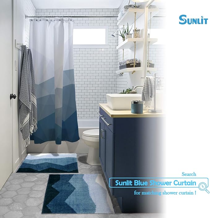 Sunlit 2 Pieces Bathroom Rugs Set, Ombre Blue Bathroom Rugs Non-Slip Absorbent Soft Bath Mat Set, Floor Mats Dry Fast Machine Washable (20"x30"&17"x24")