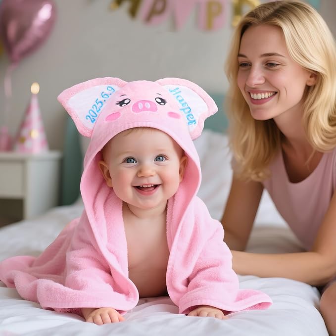 Custom Hooded Baby Towel with Name, Personalized Soft Absorbent Piggy Bath Towel, Shower Towels for Girls Boys, Easter Brithday for Kids Baby, Toddler, Newborn Essential
